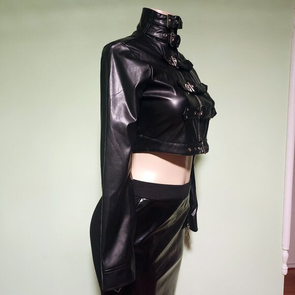 Black Capsulle Sz Small DollsKill Buckle Faux Leather Gothic Bondage Crop Jacket - Picture 3 of 6